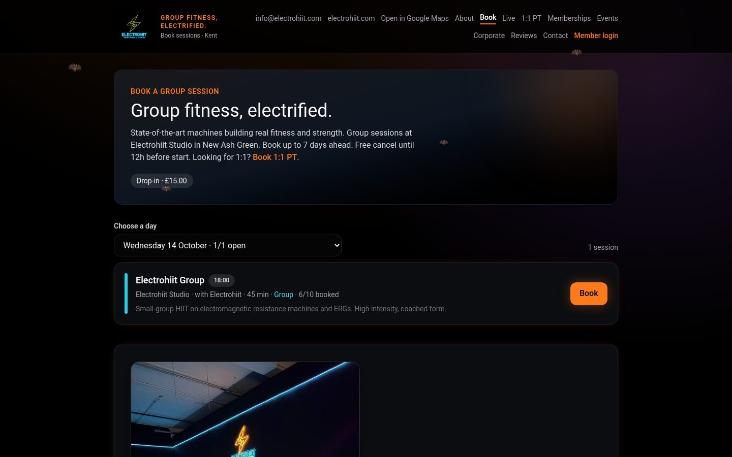 Electrohiit class timetable and booking website on desktop
