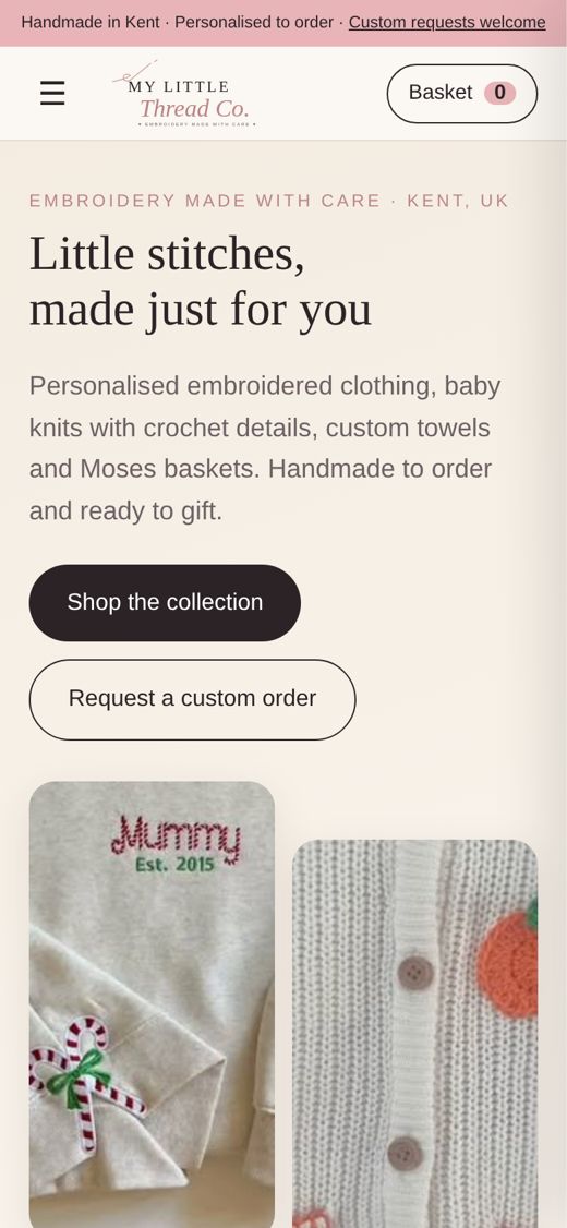 My Little Thread Co. homepage on mobile